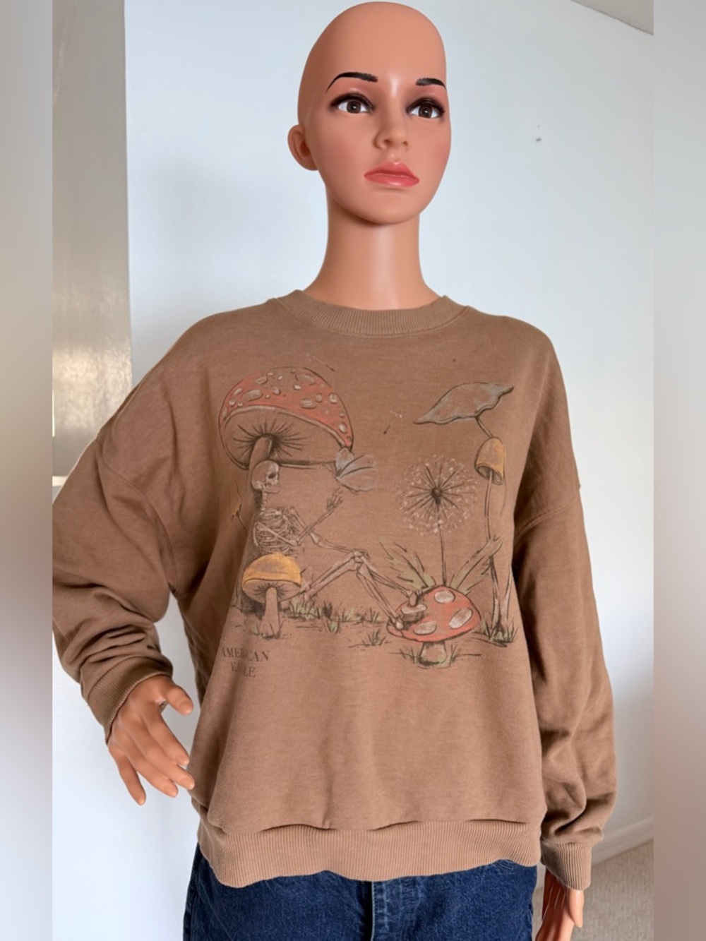 American Eagle Outfitters Brown Graphic Mushroom Skeleton Crewneck Sweater